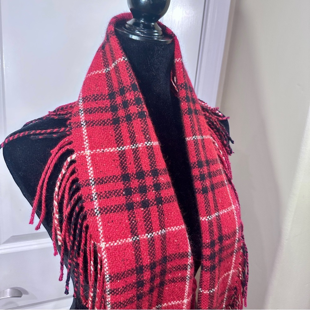 NEW tag Burberry Red Black Plaid Check Happy Fringe Scarf Merino Angora Cashmere
